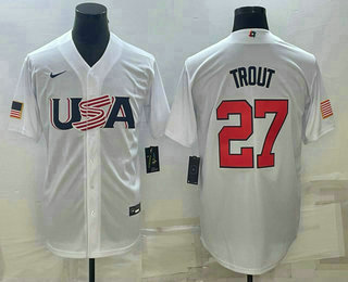 Mens USA Baseball #27 Mike Trout 2023 White World Baseball Classic Replica Stitched Jerseys->2023 world baseball classic->MLB Jersey